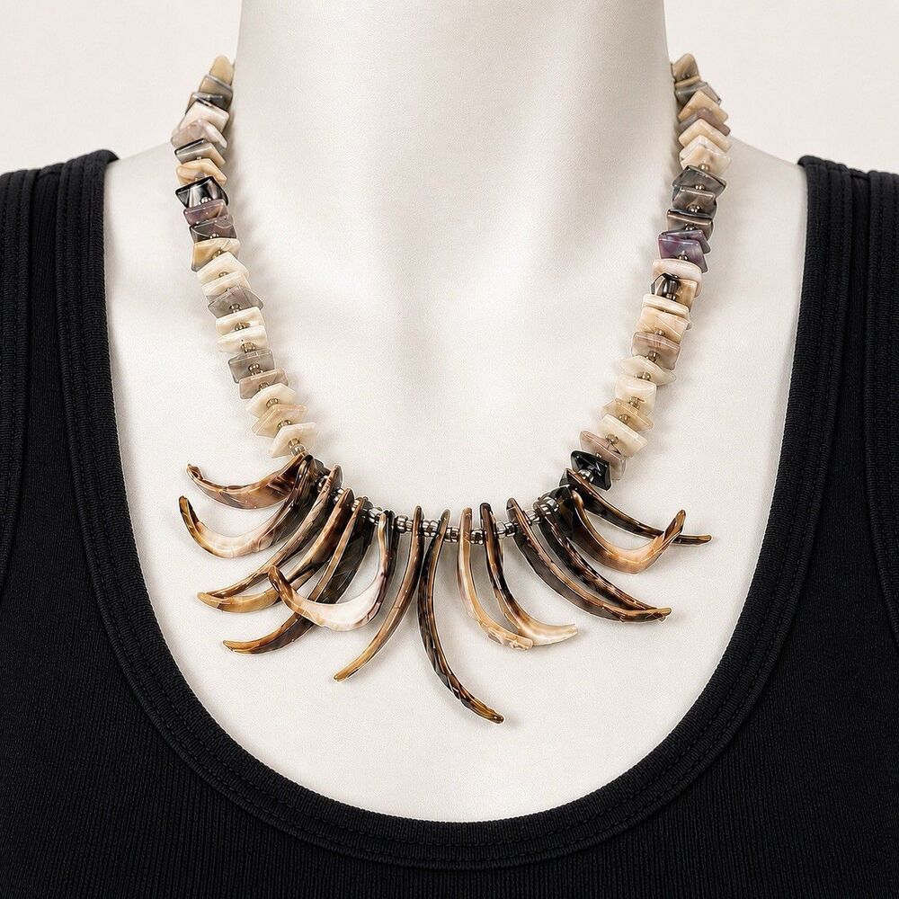 Vintage Tribal Necklace Bib Carved Bead Buffalo Horn Heishi Spike Statement
